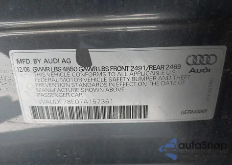 2007 Audi A4 2.0T из США, поврежденный, VIN WAUDF78E07A157361